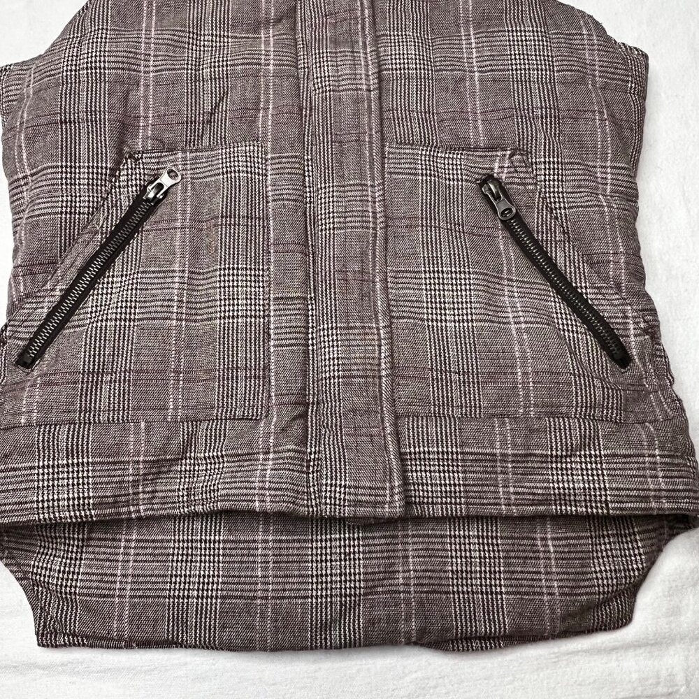 Charlotte Russe Plaid Puffer Vest Faux Fur Hood Brown S Snap Full Zip Pockets - Picture 6 of 16